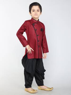 ANAN Maroon Plain Blended Cotton Kids Sherwani & Dhoti 3