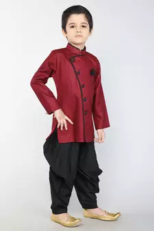 ANAN Maroon Plain Blended Cotton Kids Sherwani & Dhoti