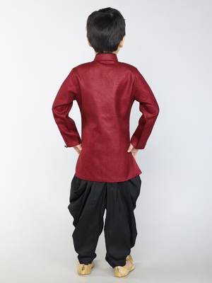 ANAN Maroon Plain Blended Cotton Kids Sherwani & Dhoti 4