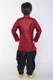 ANAN Maroon Plain Blended Cotton Kids Sherwani & Dhoti