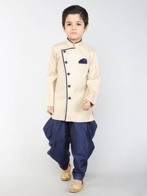 ANAN Beige Plain Blended Cotton Kids Sherwani & Dhoti 1