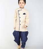 ANAN Beige Plain Blended Cotton Kids Sherwani & Dhoti