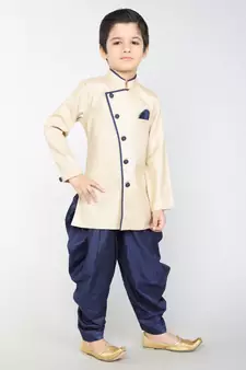 ANAN Beige Plain Blended Cotton Kids Sherwani & Dhoti