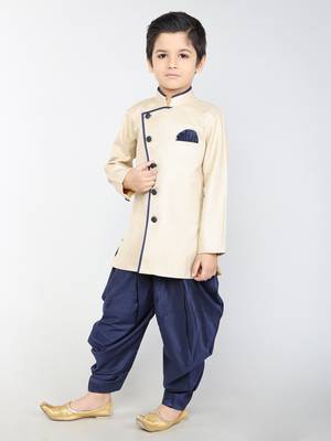 ANAN Beige Plain Blended Cotton Kids Sherwani & Dhoti 3