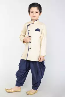 ANAN Beige Plain Blended Cotton Kids Sherwani & Dhoti