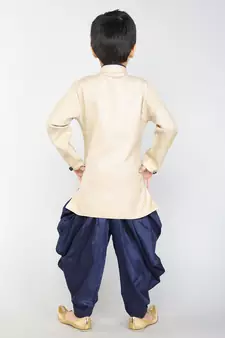 ANAN Beige Plain Blended Cotton Kids Sherwani & Dhoti