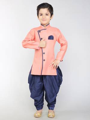 ANAN Pink Plain Blended Cotton Kids Sherwani & Dhoti 1