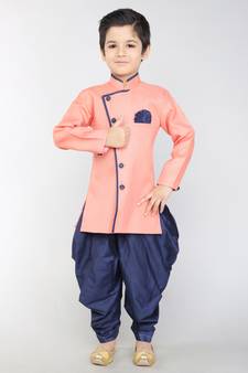 ANAN Pink Plain Blended Cotton Kids Sherwani & Dhoti