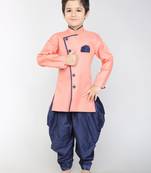 ANAN Pink Plain Blended Cotton Kids Sherwani & Dhoti