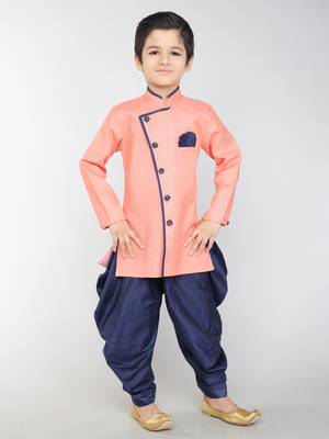 ANAN Pink Plain Blended Cotton Kids Sherwani & Dhoti 2