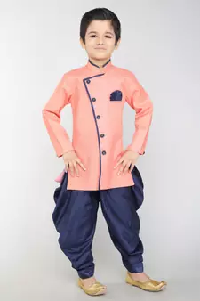ANAN Pink Plain Blended Cotton Kids Sherwani & Dhoti