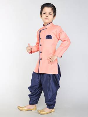 ANAN Pink Plain Blended Cotton Kids Sherwani & Dhoti 3