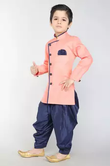 ANAN Pink Plain Blended Cotton Kids Sherwani & Dhoti