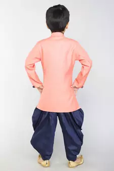 ANAN Pink Plain Blended Cotton Kids Sherwani & Dhoti