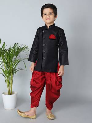ANAN Black Plain Blended Cotton Kids Sherwani & Dhoti 1