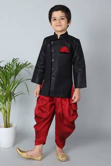 ANAN Black Plain Blended Cotton Kids Sherwani & Dhoti