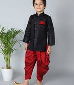 ANAN Black Plain Blended Cotton Kids Sherwani & Dhoti