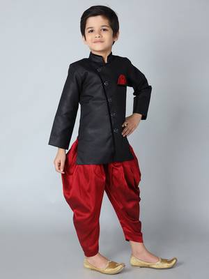 ANAN Black Plain Blended Cotton Kids Sherwani & Dhoti 2