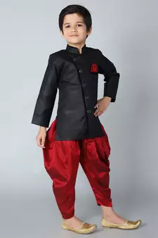 ANAN Black Plain Blended Cotton Kids Sherwani & Dhoti