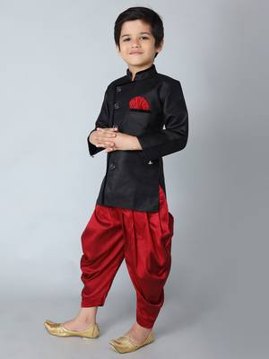 ANAN Black Plain Blended Cotton Kids Sherwani & Dhoti 3