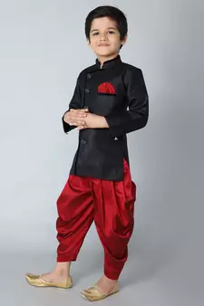 ANAN Black Plain Blended Cotton Kids Sherwani & Dhoti