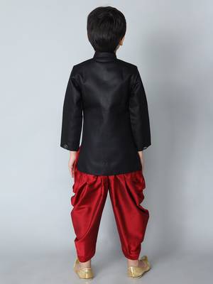 ANAN Black Plain Blended Cotton Kids Sherwani & Dhoti 4