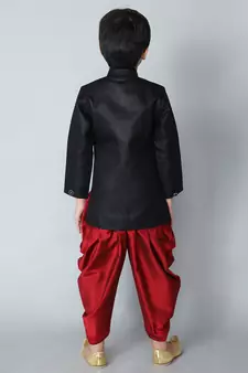 ANAN Black Plain Blended Cotton Kids Sherwani & Dhoti