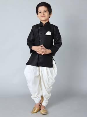 ANAN Black Plain Blended Cotton Kids Sherwani & Dhoti 1
