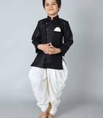 ANAN Black Plain Blended Cotton Kids Sherwani & Dhoti