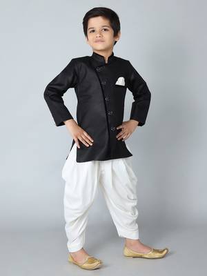 ANAN Black Plain Blended Cotton Kids Sherwani & Dhoti 2