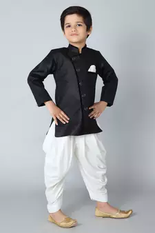 ANAN Black Plain Blended Cotton Kids Sherwani & Dhoti