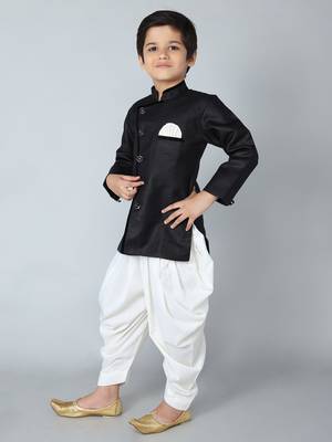 ANAN Black Plain Blended Cotton Kids Sherwani & Dhoti 3