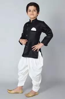ANAN Black Plain Blended Cotton Kids Sherwani & Dhoti