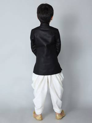 ANAN Black Plain Blended Cotton Kids Sherwani & Dhoti 4