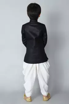 ANAN Black Plain Blended Cotton Kids Sherwani & Dhoti