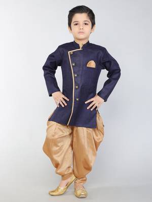 ANAN  Blue Plain Blended Cotton Kids Sherwani & Dhoti 1