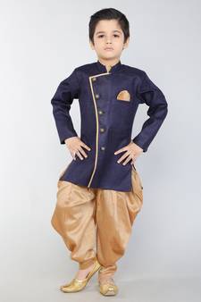 ANAN  Blue Plain Blended Cotton Kids Sherwani & Dhoti
