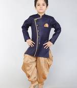 ANAN  Blue Plain Blended Cotton Kids Sherwani & Dhoti
