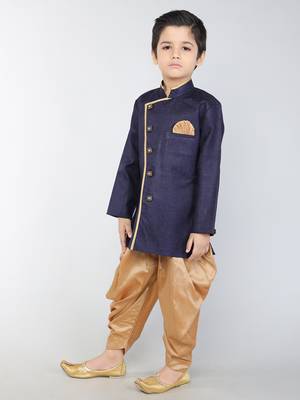 ANAN  Blue Plain Blended Cotton Kids Sherwani & Dhoti 2