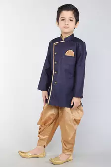 ANAN  Blue Plain Blended Cotton Kids Sherwani & Dhoti