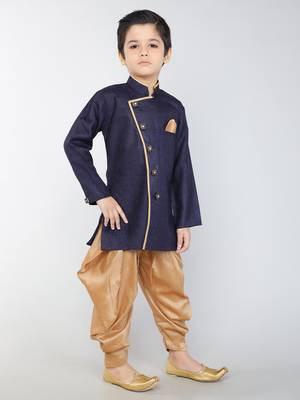 ANAN  Blue Plain Blended Cotton Kids Sherwani & Dhoti 3