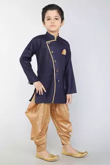 ANAN  Blue Plain Blended Cotton Kids Sherwani & Dhoti
