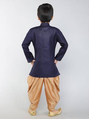 ANAN  Blue Plain Blended Cotton Kids Sherwani & Dhoti 4