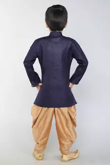 ANAN  Blue Plain Blended Cotton Kids Sherwani & Dhoti