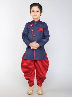 ANAN Blue Plain Blended Cotton Kids Sherwani & Dhoti 1