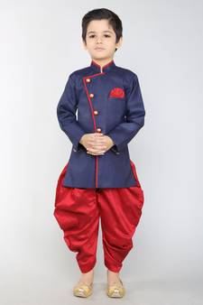 ANAN Blue Plain Blended Cotton Kids Sherwani & Dhoti