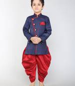 ANAN Blue Plain Blended Cotton Kids Sherwani & Dhoti