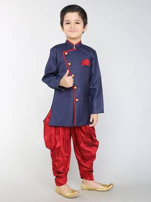 ANAN Blue Plain Blended Cotton Kids Sherwani & Dhoti 2