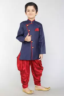 ANAN Blue Plain Blended Cotton Kids Sherwani & Dhoti