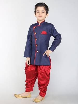 ANAN Blue Plain Blended Cotton Kids Sherwani & Dhoti 3